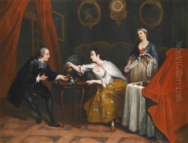 Morning: A Lady And Gentleman Taking Tea In An Interior; Evening: Women Bathing In The Moonlight (pair) - view 1