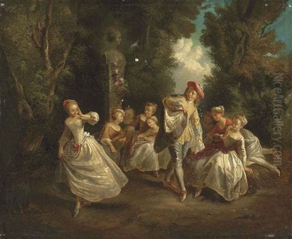 A Lady And A Gentleman Dancing, Surrounded By Other Women, In A Wooded Park Landscape - view 1