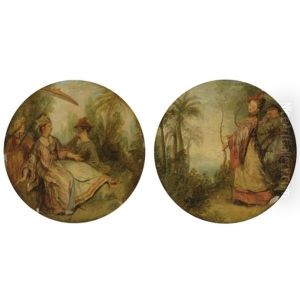 Elegant Figures Reclining In A Parkland Setting (+ Two Archers In Oriental Dress In A Lush Park; Pair) by Nicolas Lancret