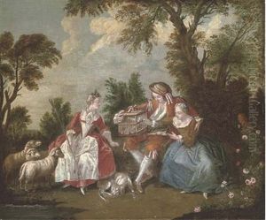 A Wooded Landscape With An Amorous Couple, And A Shepherdess And Her Flock by Nicolas Lancret