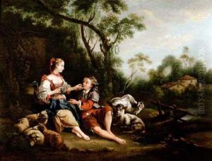 Elegant Company In A Woodland Passage (+ Courting Scene; Pair) by Nicolas Lancret