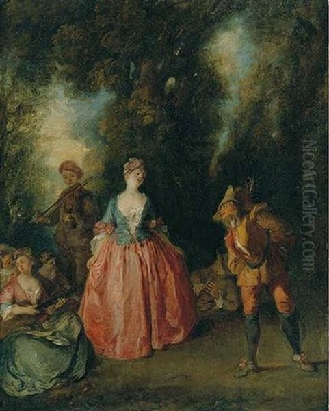 A Fete Galante: An Elegant Lady Dancing With Pulcinella In A Wooded Landscape - view 1