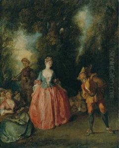 A Fete Galante: An Elegant Lady Dancing With Pulcinella In A Wooded Landscape by Nicolas Lancret