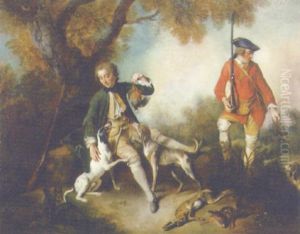 La Halte De Chasseurs: A Huntsman Holding A Gamebird And Resting By A Tree, His Servant And Hounds Nearby by Nicolas Lancret