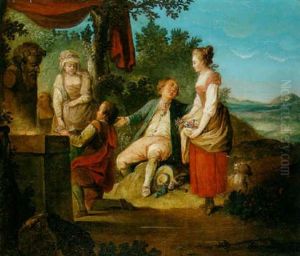 A Rustic Idyl With Figures Making Offerings To Bacchus At A Shrine In The Foreground by Nicolas Lancret