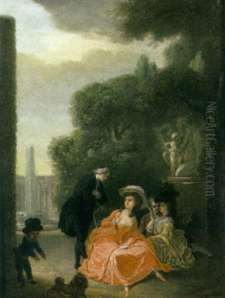 Elegant Figures Gathered In A Garden By A Statue - view 1