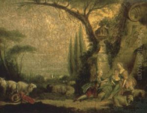 Elegant Company Resting Near A Monument In A Landscape by Nicolas Lancret