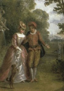 A Courting Couple Near A Fountain In A Landscape by Nicolas Lancret