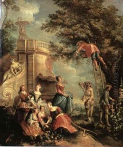 Elegant Figures Seated Beneath An Ornamental, Fountain      Collecting An Assortment Of Fruit Whilst One Of Their by Nicolas Lancret