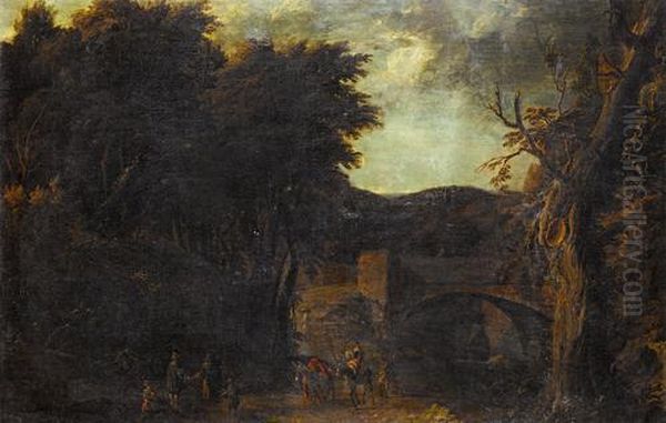 Travellers Crossing A Bridge In A Wooded Landscape - view 1