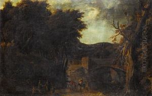 Travellers Crossing A Bridge In A Wooded Landscape by Joachim-Franz Beich