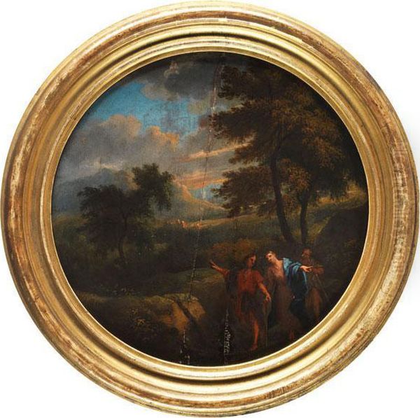 Rundbild Mit Landschaftsdarstellung Und Figurenstaffage - view 1