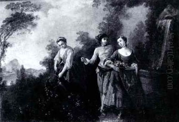 Two Women And A Man Gardening By A Fountain - view 1