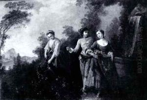 Two Women And A Man Gardening By A Fountain by Nicolas Lancret