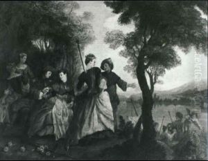 Figures In A River Landscape Preparing To Depart On A Boat by Nicolas Lancret