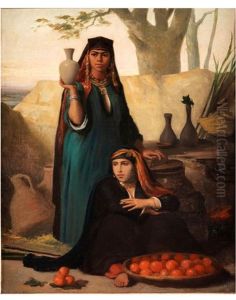 Junge, Algerische Marktverkauferinnen Mit Krug Und Orangen by Charles Zacharie Landelle