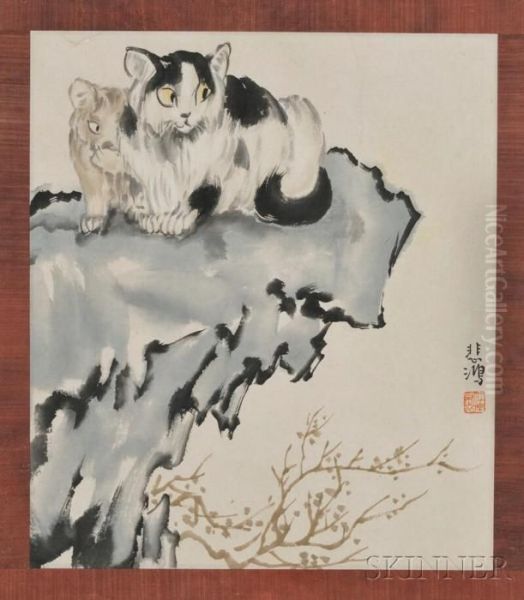 Depicting Two Cats On A Rock by Xu Beihong