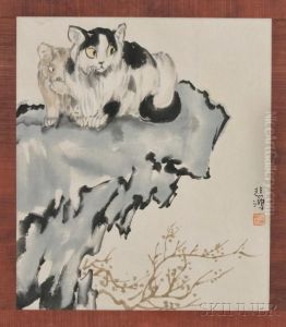Depicting Two Cats On A Rock by Xu Beihong