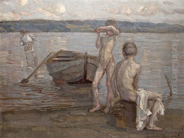 Boys Bathing On The Lake Shore - view 1