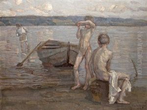 Boys Bathing On The Lake Shore by Christian Landenberger
