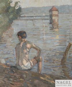 Seeufer Mit Badendem Knaben by Christian Landenberger