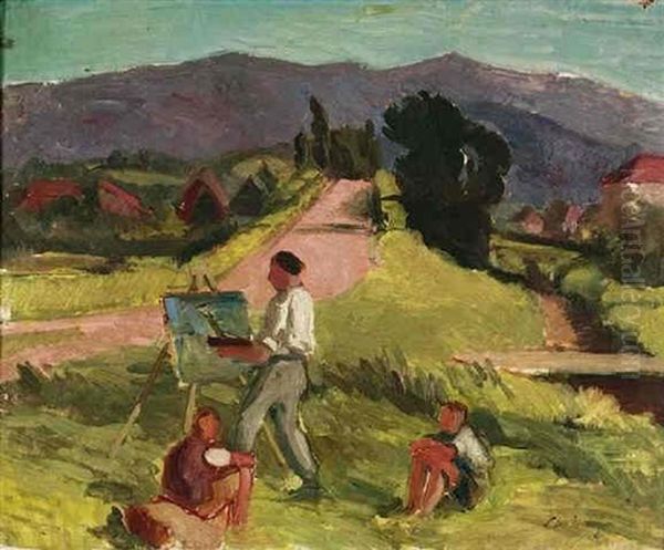 Maler Mit Zwei Buben In Einer Bergigen Landschaft - view 1