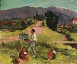 Maler Mit Zwei Buben In Einer Bergigen Landschaft by Christian Landenberger