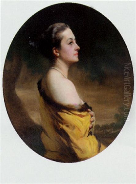 Portrait Of Lady Mount In A Yellow Fur-trimmed Wrap In A Landscape - view 1