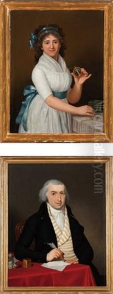 Portrait D'une Dame De Qualite, Avec Le Medaillon De Son Epoux En Pendentif (+ Portrait De L'epoux A Sa Table De Travail, Ecrivant Une Lettre; Pair) - view 1