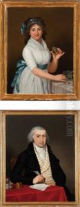 Portrait D'une Dame De Qualite, Avec Le Medaillon De Son Epoux En Pendentif (+ Portrait De L'epoux A Sa Table De Travail, Ecrivant Une Lettre; Pair) by Gaspare Landi