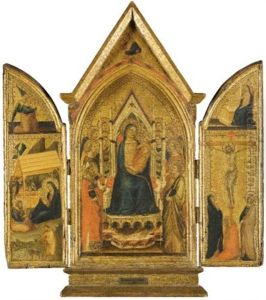 The Madonna And Child Enthroned With Saint Nicholas Of Bari, Two Female Saints, (saint George?) And Six Angels, With Christ The Redeemer In The Apex Above (+ 2 Others, Smllr; 3 Works)(tabernacle) by Jacopo (del Casentino) Landini