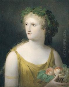 Portrait Of A Lady Wearing A Yellow Dress And Holding A Basket Of Fruit by Charles Paul Landon