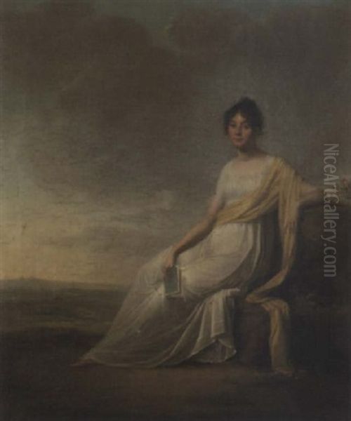 Jeune Femme Assise Tenant Un Livre Devant Un Paysage - view 1