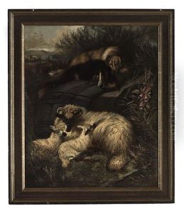 Two Dogs Guarding A Ewe And Her Two Lambs by Sir Edwin Henry Landseer