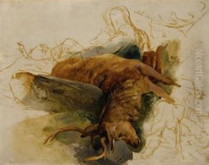 A Dead Stag, With Sketched Figures Of A Ghillie And Hounds by Sir Edwin Henry Landseer