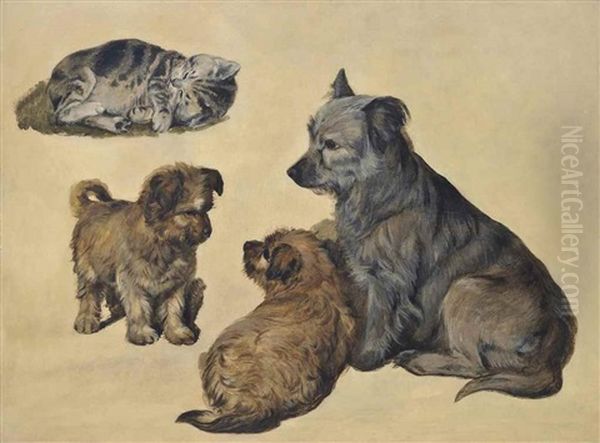 A Terrier With Her Puppies And A Kitten - view 1