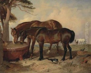 Merry Trick And Mark Hall; A Chestnut And A Bay Horse Drinking From A Trough In A Landscape by Sir Edwin Henry Landseer
