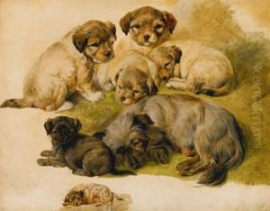 Study Of A Terrier And Puppies by Sir Edwin Henry Landseer