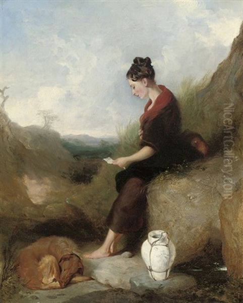A Young Girl Seated On A Rock Reading A Letter - view 1