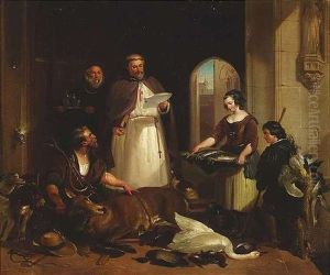 Ein Jager Prasentiert Zusammen Mit Zwei Gehilfen Einem Abt Seine Jagdbeute by Sir Edwin Henry Landseer