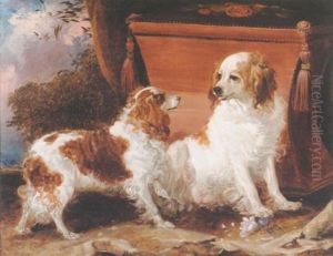 Two Brown And White Spaniels Beside A Velvet Covered Box Stool In A Landscape by Sir Edwin Henry Landseer