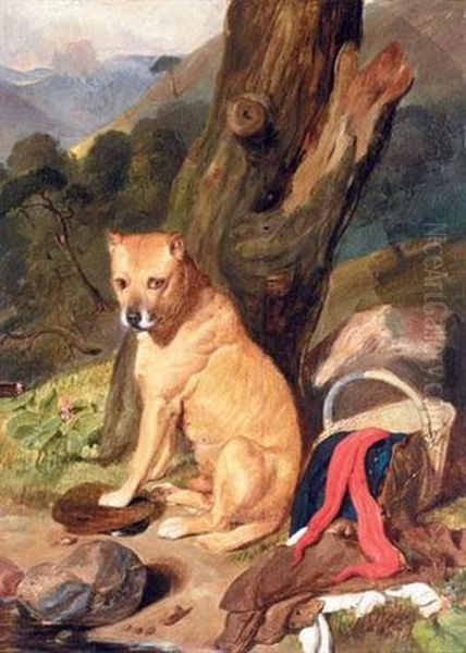 A Dog Sitting By A Tree In A Landscape - view 1