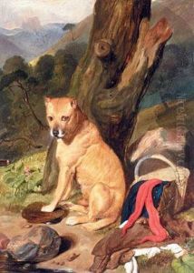 A Dog Sitting By A Tree In A Landscape