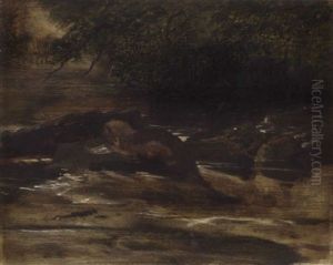 A River Scene, With An Otter Eating A Fish