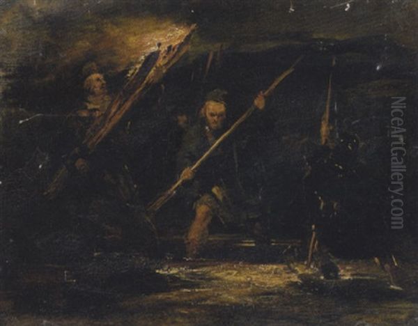 Spearing Salmon By Torchlight - view 1