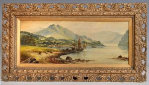 A Continental Riverscape With Moored Fishing Boats And Other Sailing Vessles With Mountains In The Background by Fritz Beinke