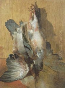 Still Life Of Dead Pigeons Hanging From A Nail