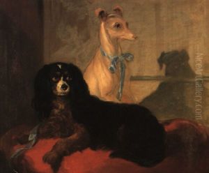 A Whippet And A King Charles Spaniel On A Red Cushion by Sir Edwin Henry Landseer
