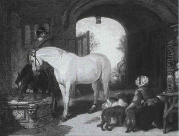 Horses Watering By A Castle Gate - view 1
