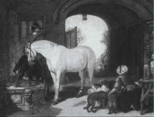 Horses Watering By A Castle Gate by Sir Edwin Henry Landseer